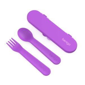 bentgo® kids utensil set - reusable plastic fork, spoon & storage case - bpa-free materials, easy-grip handles, dishwasher safe - ideal for school lunch, travel, & outdoors (purple)