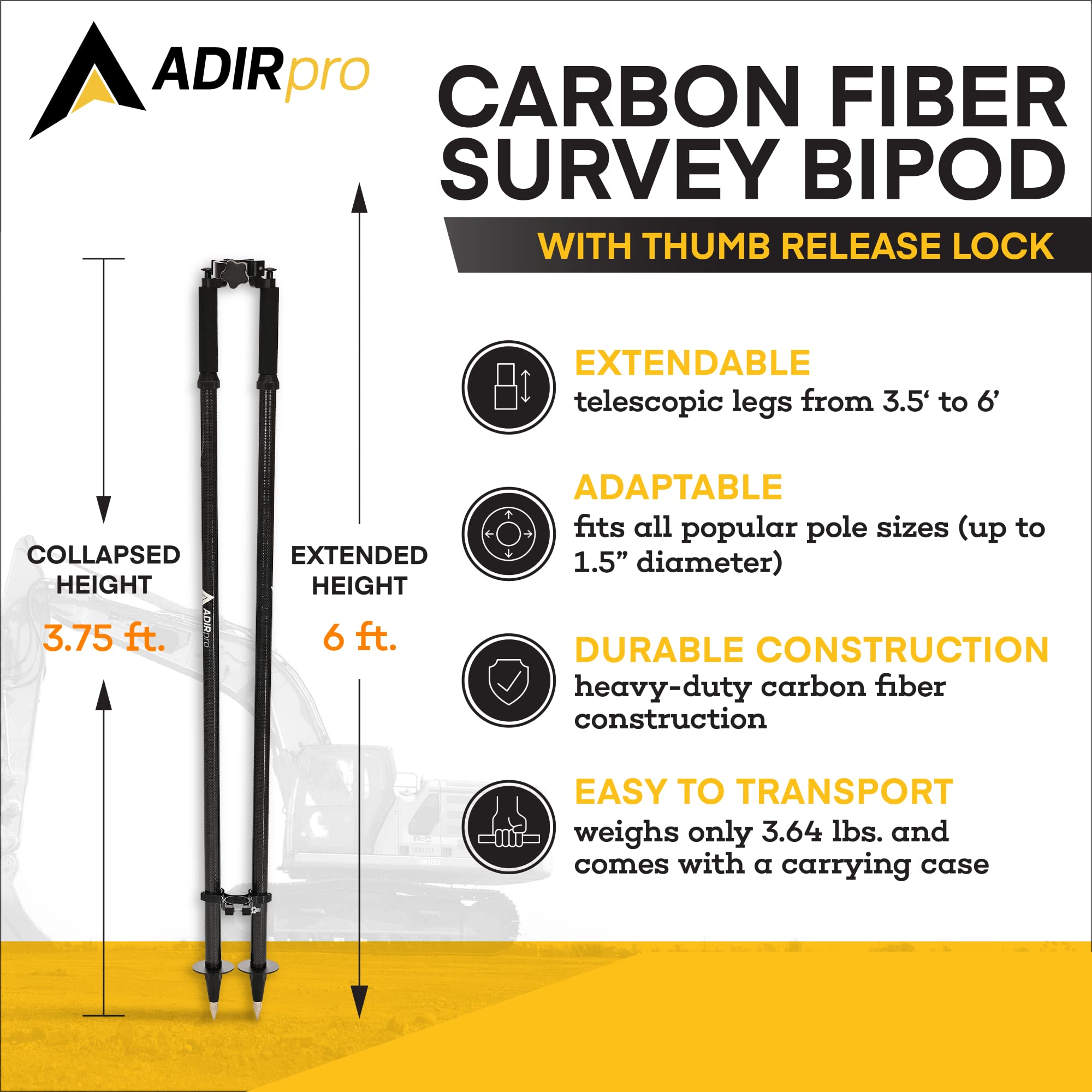 AdirPro 8.5-Foot Carbon Fiber Prism Pole with Adjustable Tip, & AdirPro Prism Pole Bipod Bundle