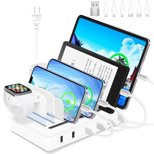 MERGROLY Fast Charging Station for Multiple Devices, 50W 6-Ports USB Charging Station with10-Slot, Detachable Dividers, Watch Holder, Compatible With Phone/iPad/Kindle/Tablet (6 Short Cables Included)