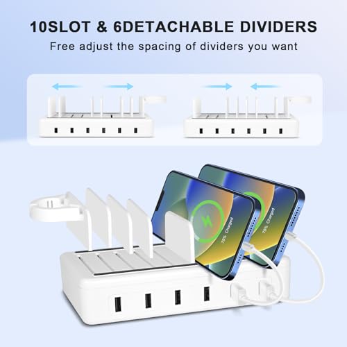 MERGROLY Fast Charging Station for Multiple Devices, 50W 6-Ports USB Charging Station with10-Slot, Detachable Dividers, Watch Holder, Compatible With Phone/iPad/Kindle/Tablet (6 Short Cables Included)