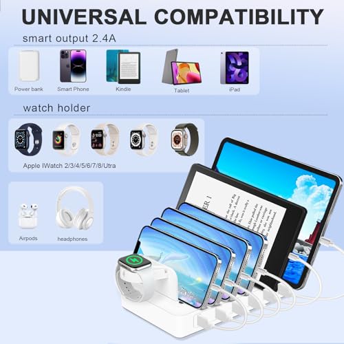 MERGROLY Fast Charging Station for Multiple Devices, 50W 6-Ports USB Charging Station with10-Slot, Detachable Dividers, Watch Holder, Compatible With Phone/iPad/Kindle/Tablet (6 Short Cables Included)