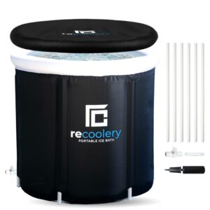 portable ice bath tub for athletes with lid - round collapsible cold plunge tub for adults, muscle recovery ice therapy bath - freestanding black cold plunge tub outdoor indoor icebath by recoolery