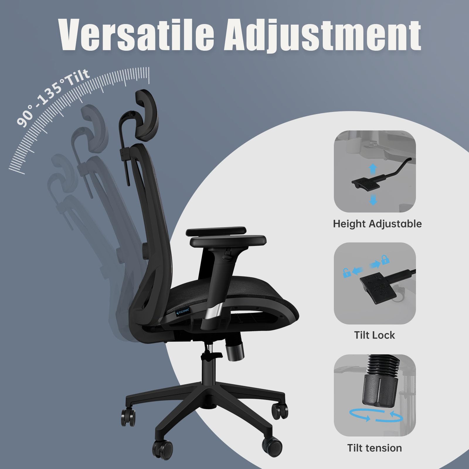TICONN Big & Tall Ergonomic Office Chair, Home Office Desk Chairs with Wheels, Adjustable Headrest, 3D Adjustable Arm Rest, Lumbar Support (Black)