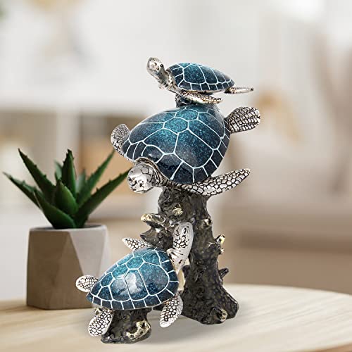 Corner Merchant Sea Turtle Statue Triple Turtles Swimming on a Coral Reef Base Ocean Decor Tabletop Collection Beach Decorations for Home