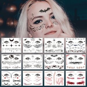 auocattail 12 count halloween temporary tattoos face shoulder arm back tattoos stickers - spider, bat, zombie, scar for death day makeup face tattoos for women men party supplies