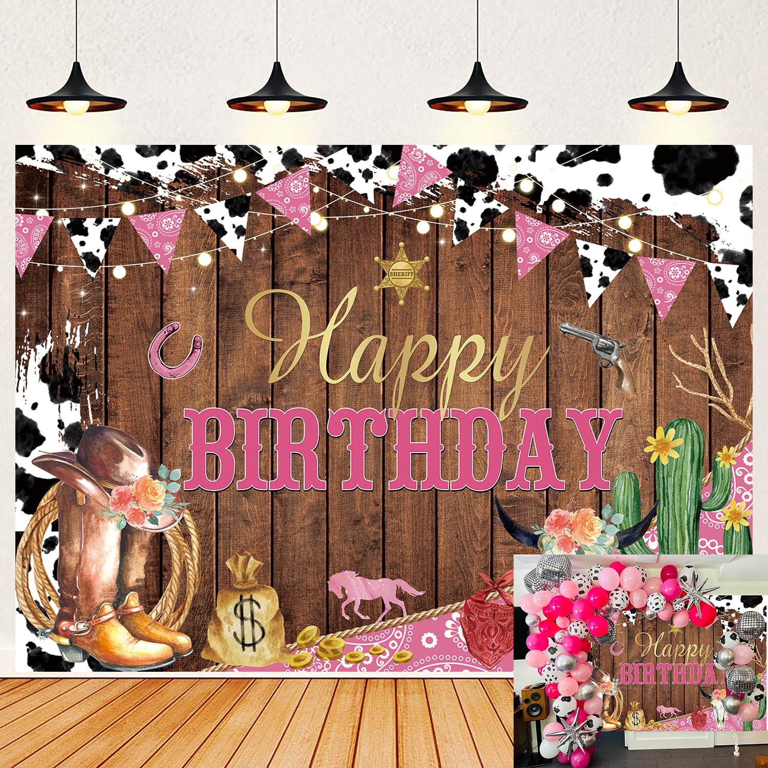 Western Cowgirl Happy Birthday Backdrop Cow Print Pink Wild Party Decorations Banner Rustic West Rodeo Boot Cowgirl Birthday Photography Background Party Supplies Banner 7X5FT(82x59inch)