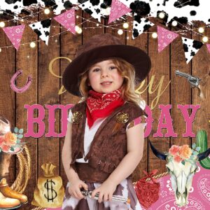 Western Cowgirl Happy Birthday Backdrop Cow Print Pink Wild Party Decorations Banner Rustic West Rodeo Boot Cowgirl Birthday Photography Background Party Supplies Banner 7X5FT(82x59inch)