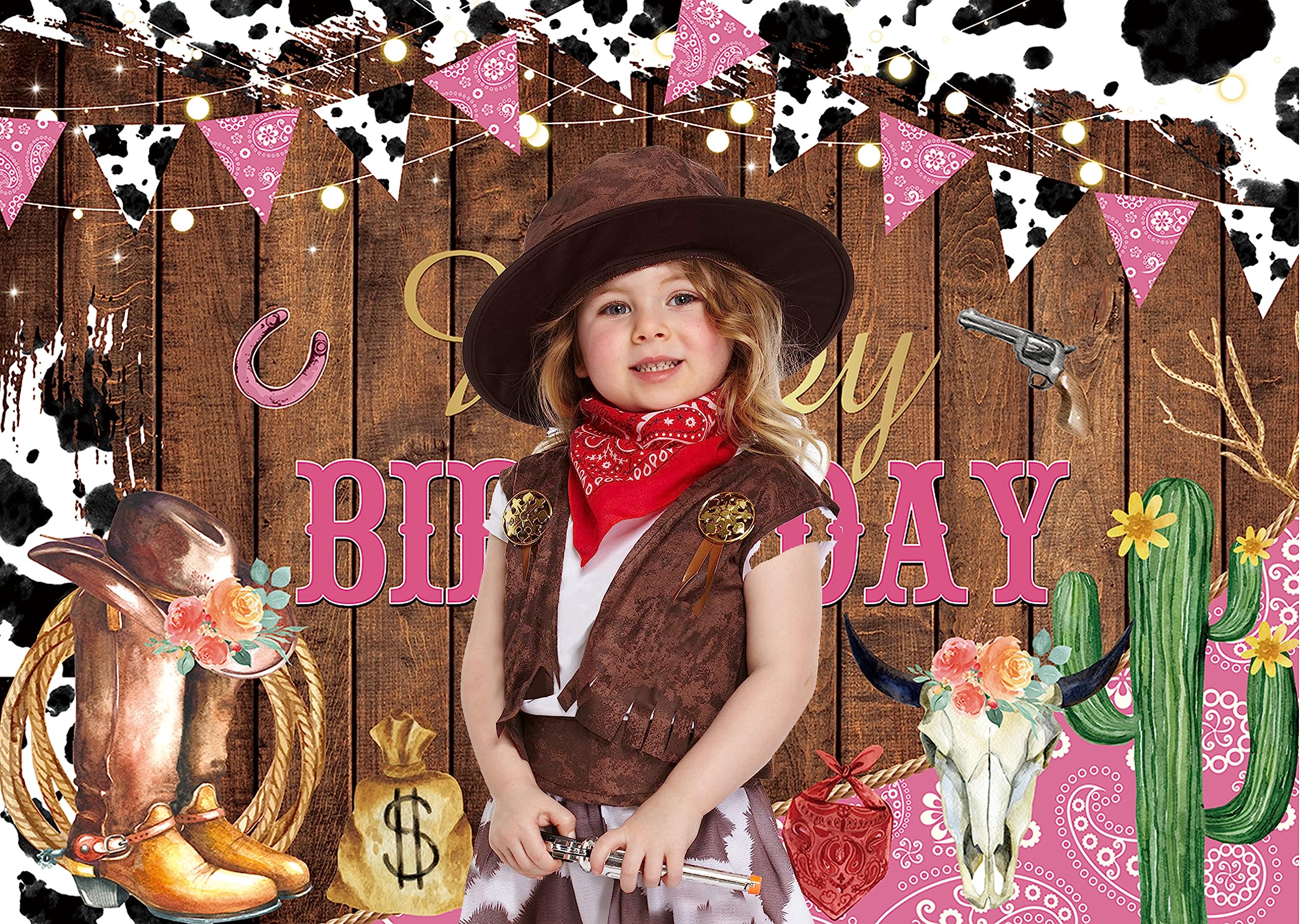 Western Cowgirl Happy Birthday Backdrop Cow Print Pink Wild Party Decorations Banner Rustic West Rodeo Boot Cowgirl Birthday Photography Background Party Supplies Banner 7X5FT(82x59inch)