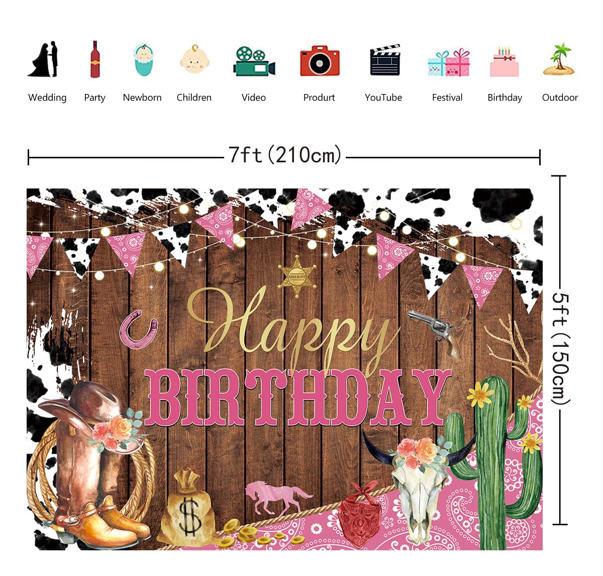 Western Cowgirl Happy Birthday Backdrop Cow Print Pink Wild Party Decorations Banner Rustic West Rodeo Boot Cowgirl Birthday Photography Background Party Supplies Banner 7X5FT(82x59inch)