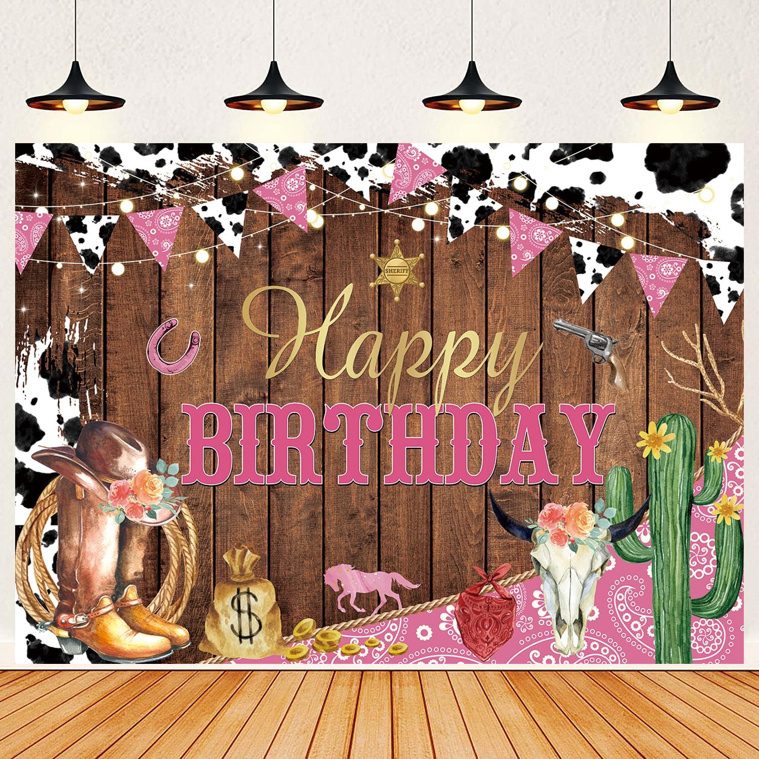 Western Cowgirl Happy Birthday Backdrop Cow Print Pink Wild Party Decorations Banner Rustic West Rodeo Boot Cowgirl Birthday Photography Background Party Supplies Banner 7X5FT(82x59inch)