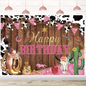 Western Cowgirl Happy Birthday Backdrop Cow Print Pink Wild Party Decorations Banner Rustic West Rodeo Boot Cowgirl Birthday Photography Background Party Supplies Banner 7X5FT(82x59inch)