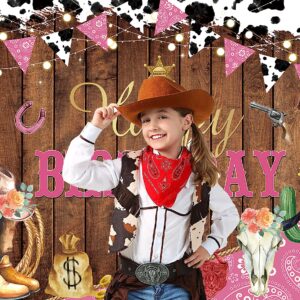 Western Cowgirl Happy Birthday Backdrop Cow Print Pink Wild Party Decorations Banner Rustic West Rodeo Boot Cowgirl Birthday Photography Background Party Supplies Banner 7X5FT(82x59inch)