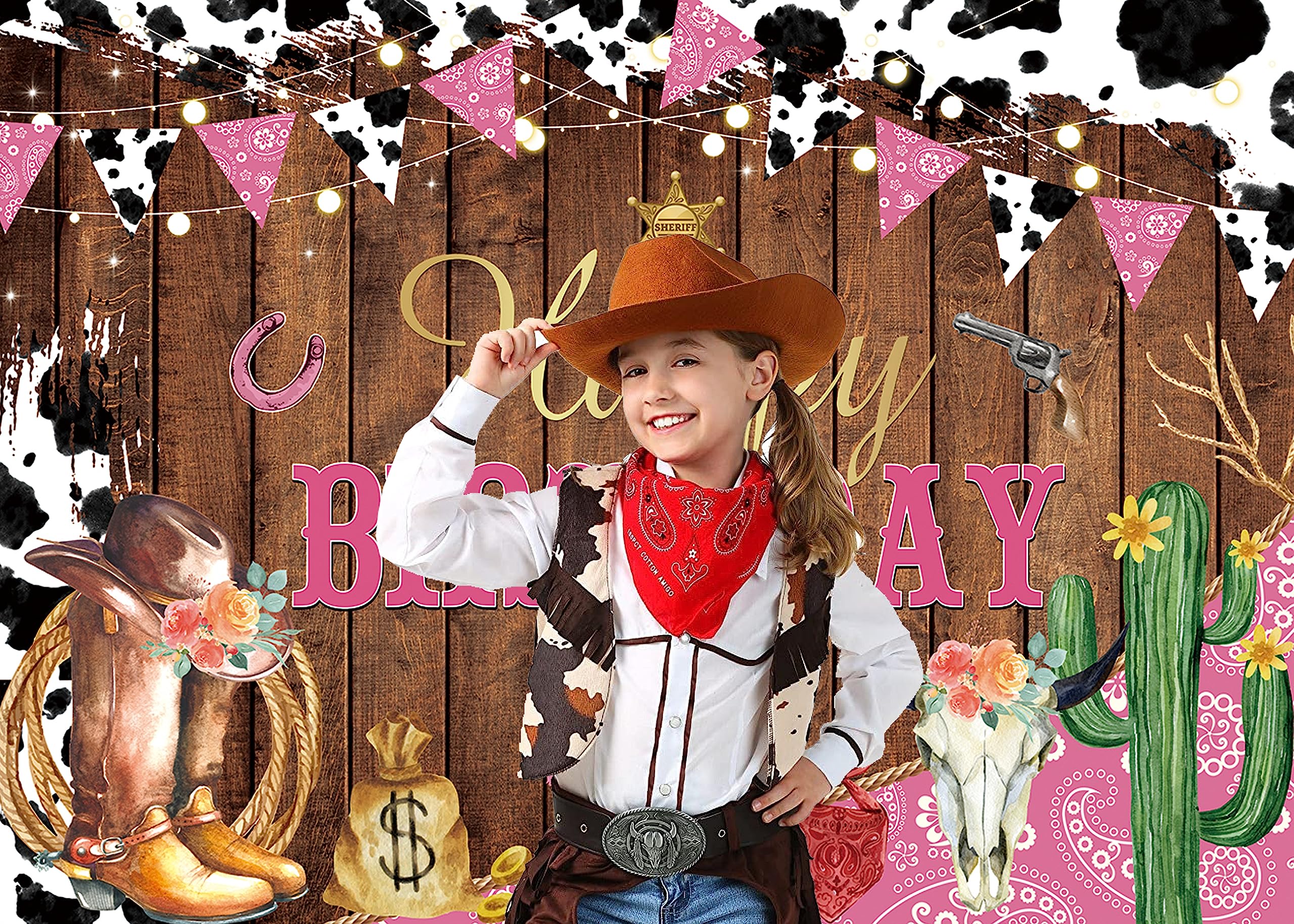 Western Cowgirl Happy Birthday Backdrop Cow Print Pink Wild Party Decorations Banner Rustic West Rodeo Boot Cowgirl Birthday Photography Background Party Supplies Banner 7X5FT(82x59inch)