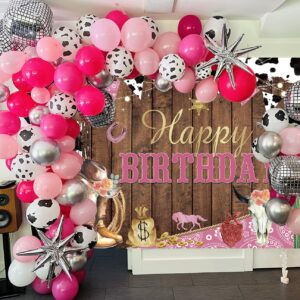 Western Cowgirl Happy Birthday Backdrop Cow Print Pink Wild Party Decorations Banner Rustic West Rodeo Boot Cowgirl Birthday Photography Background Party Supplies Banner 7X5FT(82x59inch)