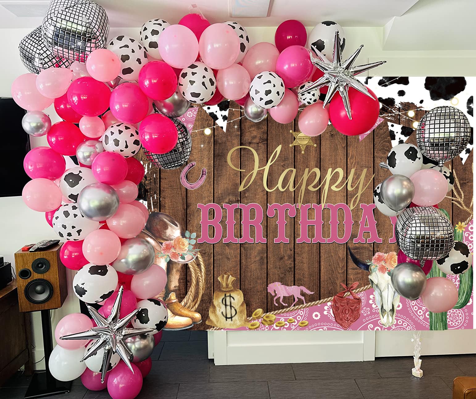 Western Cowgirl Happy Birthday Backdrop Cow Print Pink Wild Party Decorations Banner Rustic West Rodeo Boot Cowgirl Birthday Photography Background Party Supplies Banner 7X5FT(82x59inch)