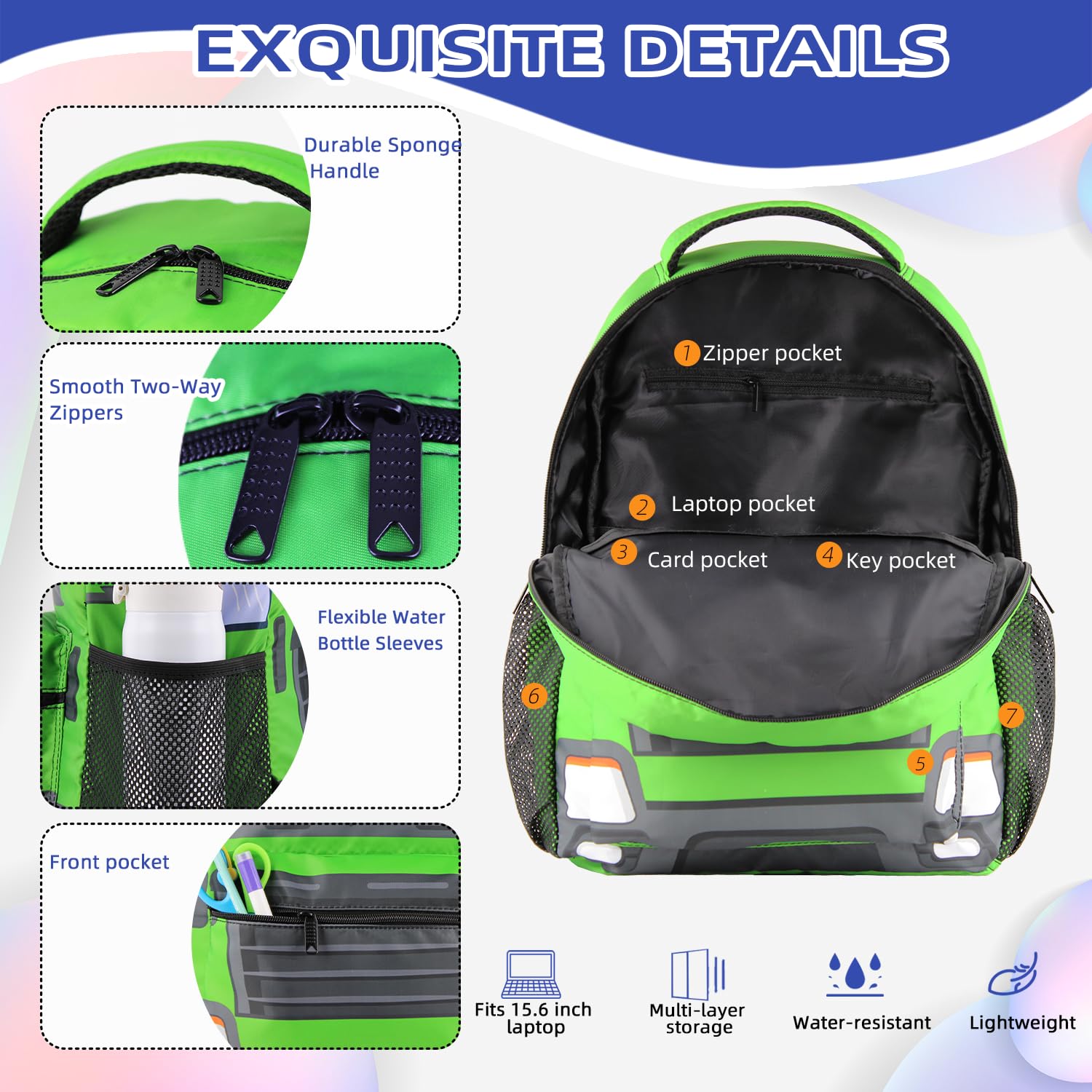 Garbage Truck Backpack for Boys Girls, Elementary Middle High School Bookbags for Teen Kids Students, Large Travel Laptop Backpack Durable Lightweight School Bags, Green