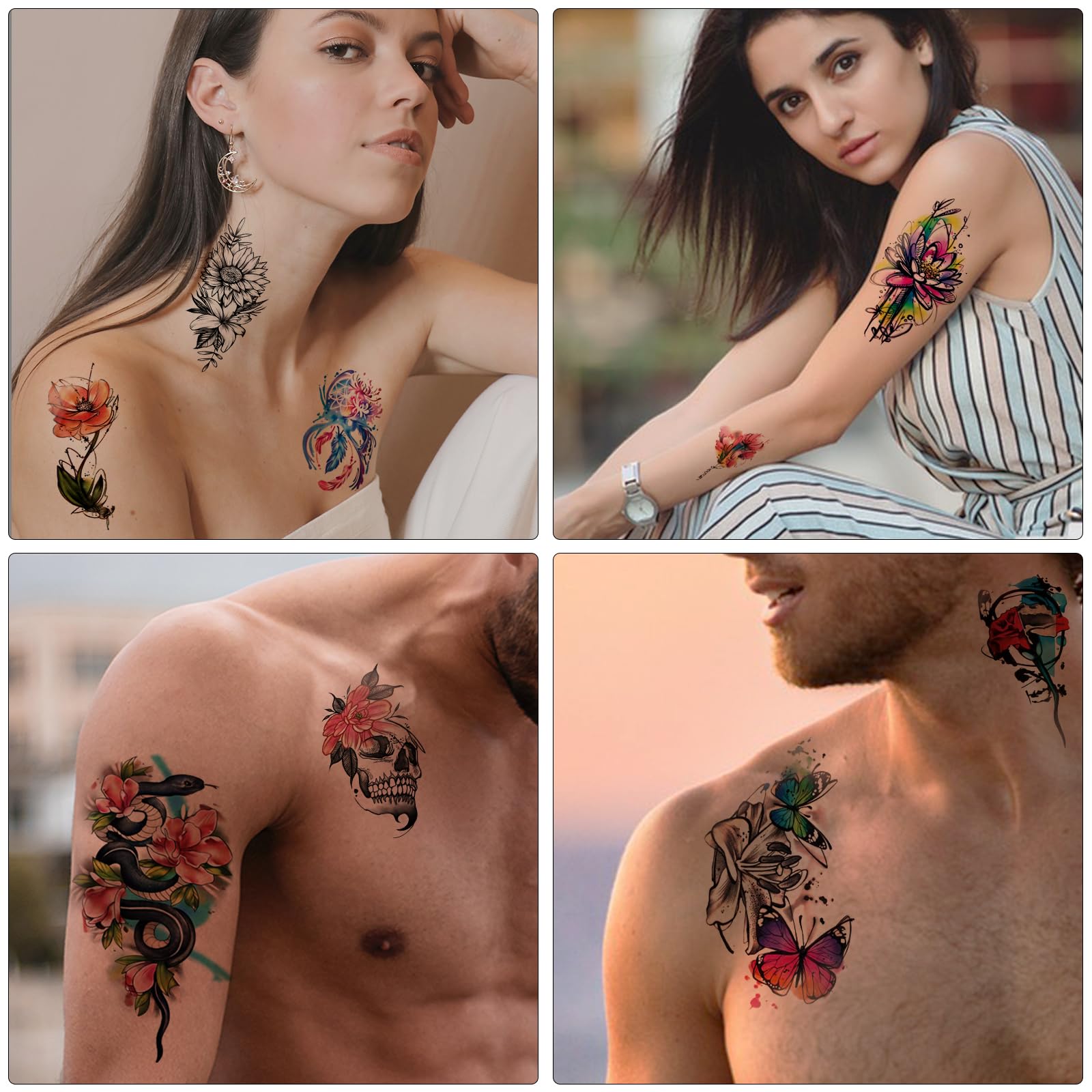 77 Sheets Flowers Temporary Tattoo, 17 Sheets Half Arm Rose Butterfly Snake Skull Fake Tattoos for Adults Arm Neck, 60 Sheets Tiny Realistic Temporary Tattoos Waterproof for Women Girls and Kids