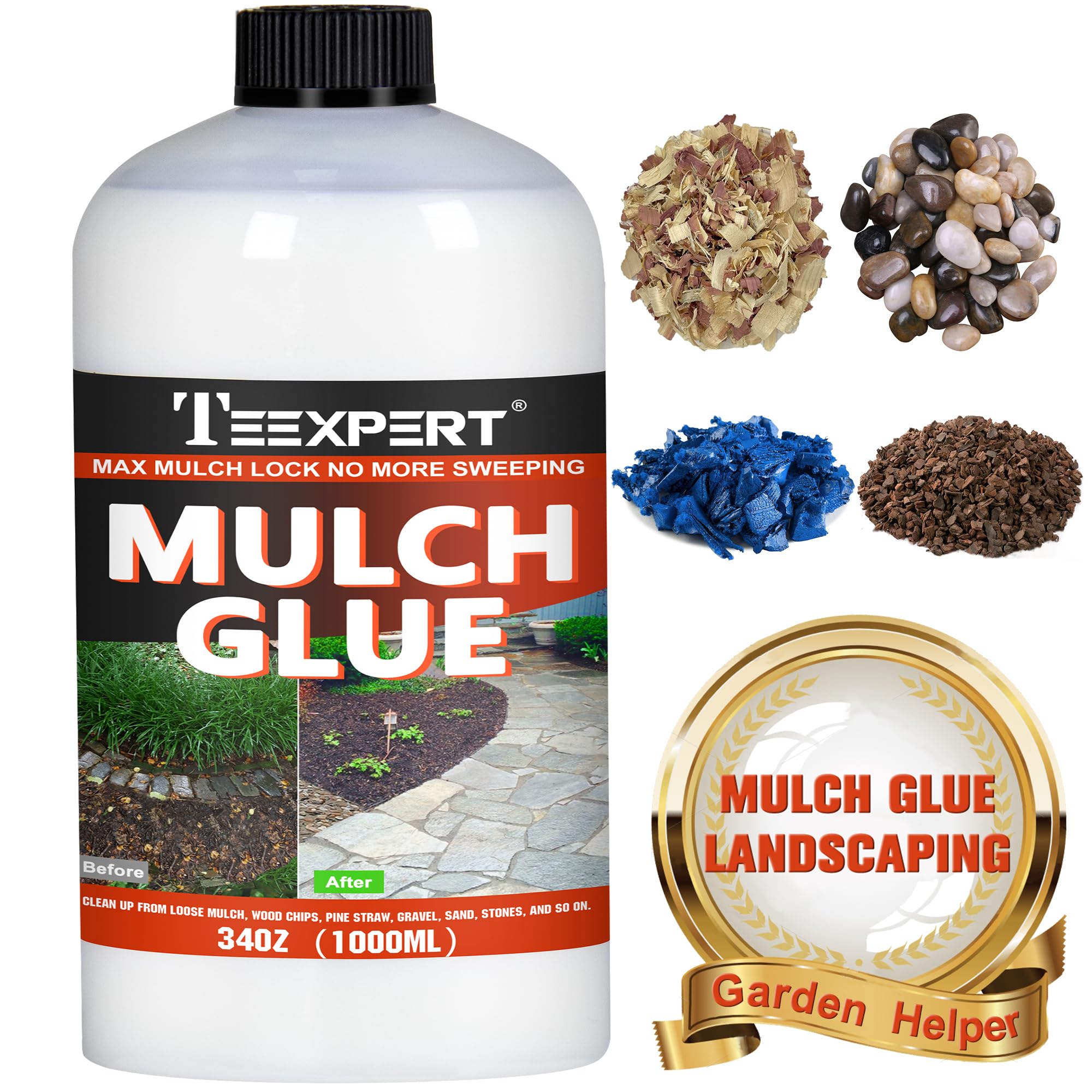 Teexpert Mulch Glue-1 Litre/34OZ Mulch Glue for Landscaping, Ready to Use Mulch Glue Stabilizer High Strength Landscape Adhesive Lock Non-Toxic Resin Binder for Gravel, Stones, Mulch & Bark