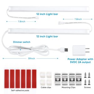 Litever Plug-in Under Cabinet Lighting Kit with Adapter, Dimmer, 2 pcs 12 Inch USB LED Light Strips. Dimmable Linkable for Kitchen Counter, Workbench, Over Sink, Closet, Pantry. Cool White 4000K