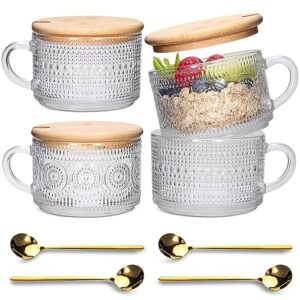 xigugo vintage coffee mugs 4pcs set, clear embossed tea cups with bamboo lids and spoons, 14 oz glass coffee cups, cute coffee bar accessories, iced coffee glasses, ideal for cappuccino, latte, tea
