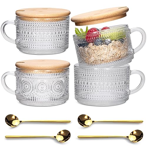 Xigugo Vintage Coffee Mugs 4pcs Set, Clear Embossed Tea Cups with Bamboo Lids and Spoons, 14 Oz Glass Coffee Cups, Cute Coffee Bar Accessories, Iced Coffee Glasses, Ideal for Cappuccino, Latte, Tea