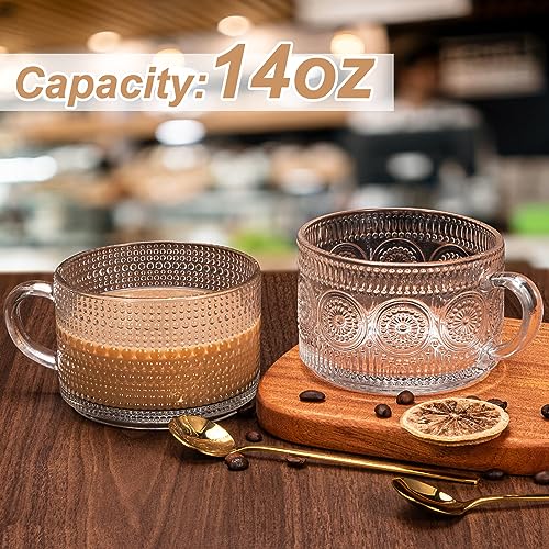 Xigugo Vintage Coffee Mugs 4pcs Set, Clear Embossed Tea Cups with Bamboo Lids and Spoons, 14 Oz Glass Coffee Cups, Cute Coffee Bar Accessories, Iced Coffee Glasses, Ideal for Cappuccino, Latte, Tea