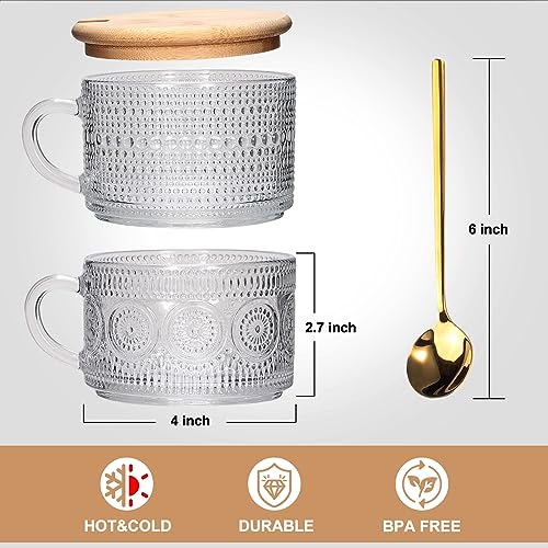 Xigugo Vintage Coffee Mugs 4pcs Set, Clear Embossed Tea Cups with Bamboo Lids and Spoons, 14 Oz Glass Coffee Cups, Cute Coffee Bar Accessories, Iced Coffee Glasses, Ideal for Cappuccino, Latte, Tea