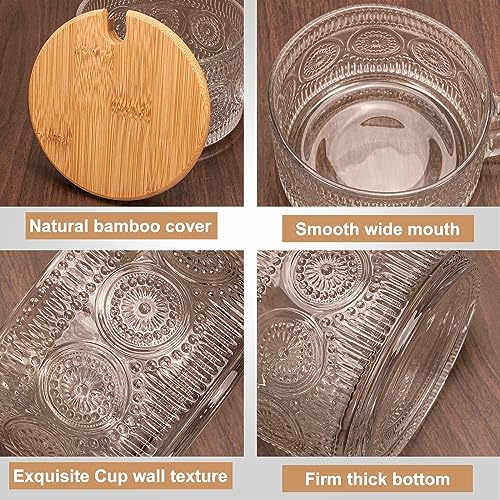 Xigugo Vintage Coffee Mugs 4pcs Set, Clear Embossed Tea Cups with Bamboo Lids and Spoons, 14 Oz Glass Coffee Cups, Cute Coffee Bar Accessories, Iced Coffee Glasses, Ideal for Cappuccino, Latte, Tea