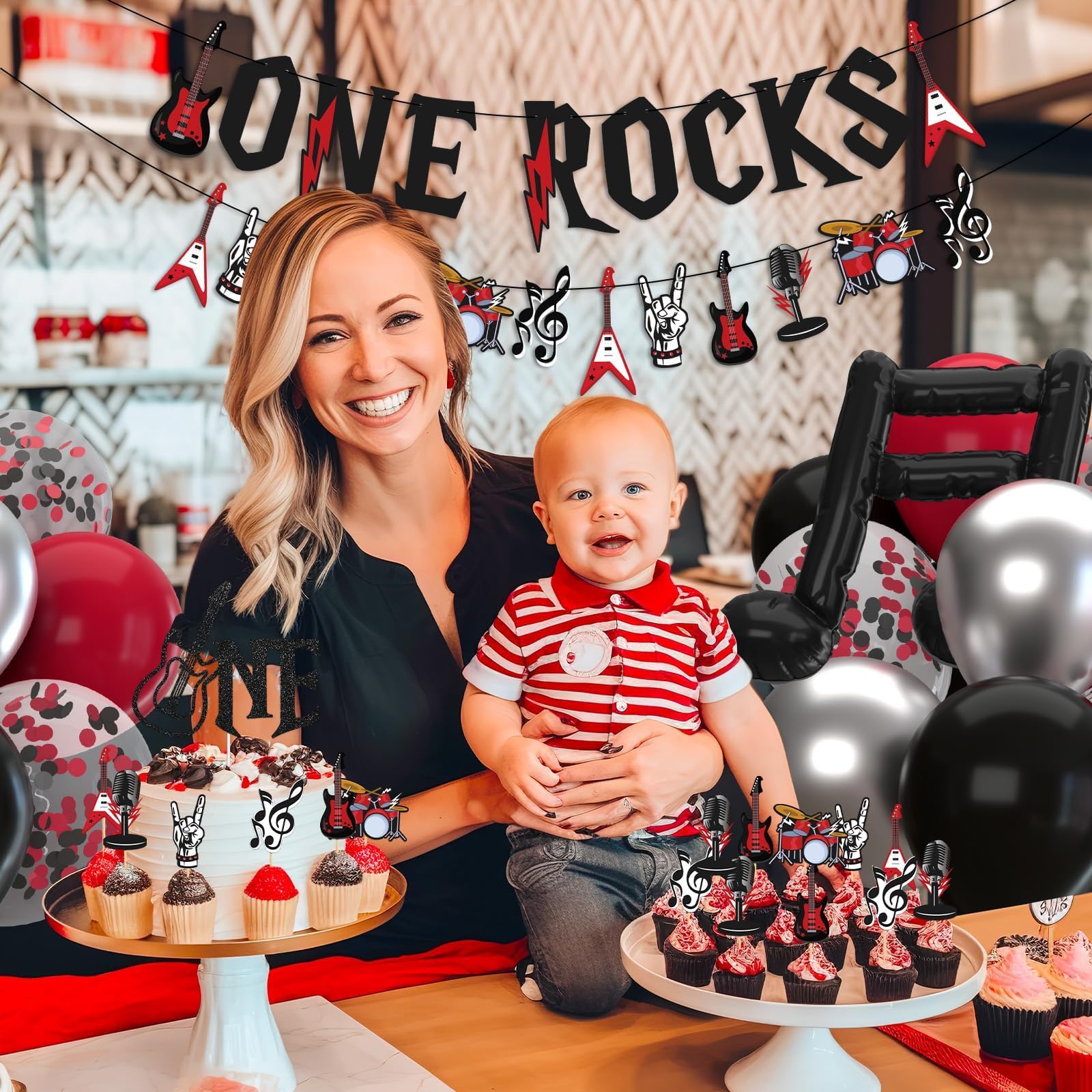 Sinasasspel One Rocks 1st Birthday Decoration Party Banner Balloons Kit Rock And Roll Balloon Garland for Boy Girl First Birthday Party Decor Red Black Guitar Rock Star Party Supplies