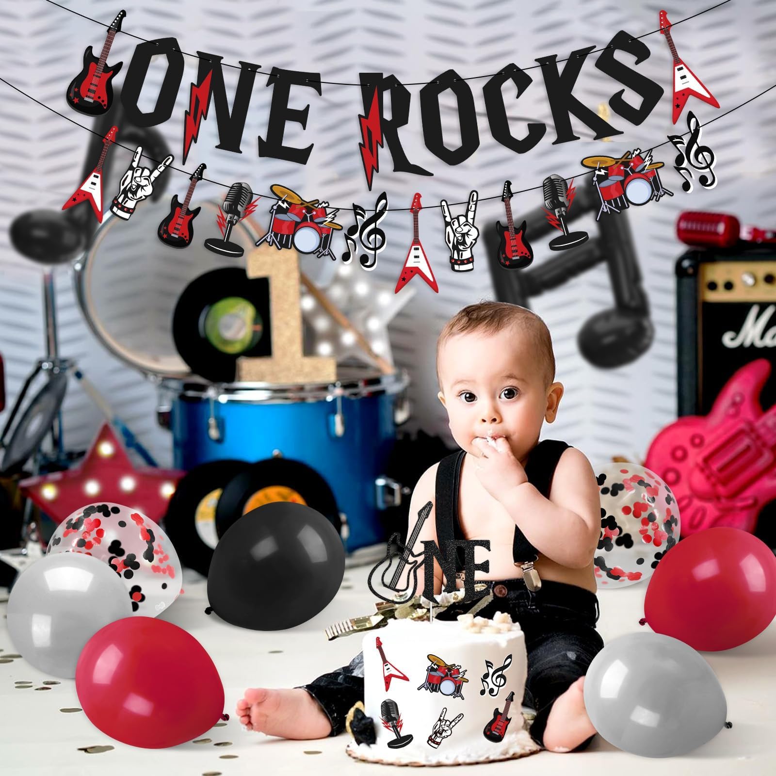 Sinasasspel One Rocks 1st Birthday Decoration Party Banner Balloons Kit Rock And Roll Balloon Garland for Boy Girl First Birthday Party Decor Red Black Guitar Rock Star Party Supplies