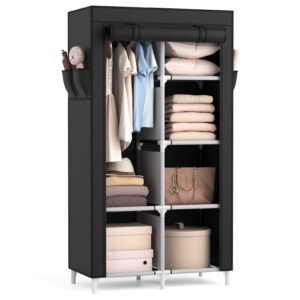 rojasop portable closet wardrobe closet for hanging clothes with 6 storage shelves, 1 hanging rod and 4 pockets, free standing closet clothes organizer for bedroom, sturdy and easy assemble