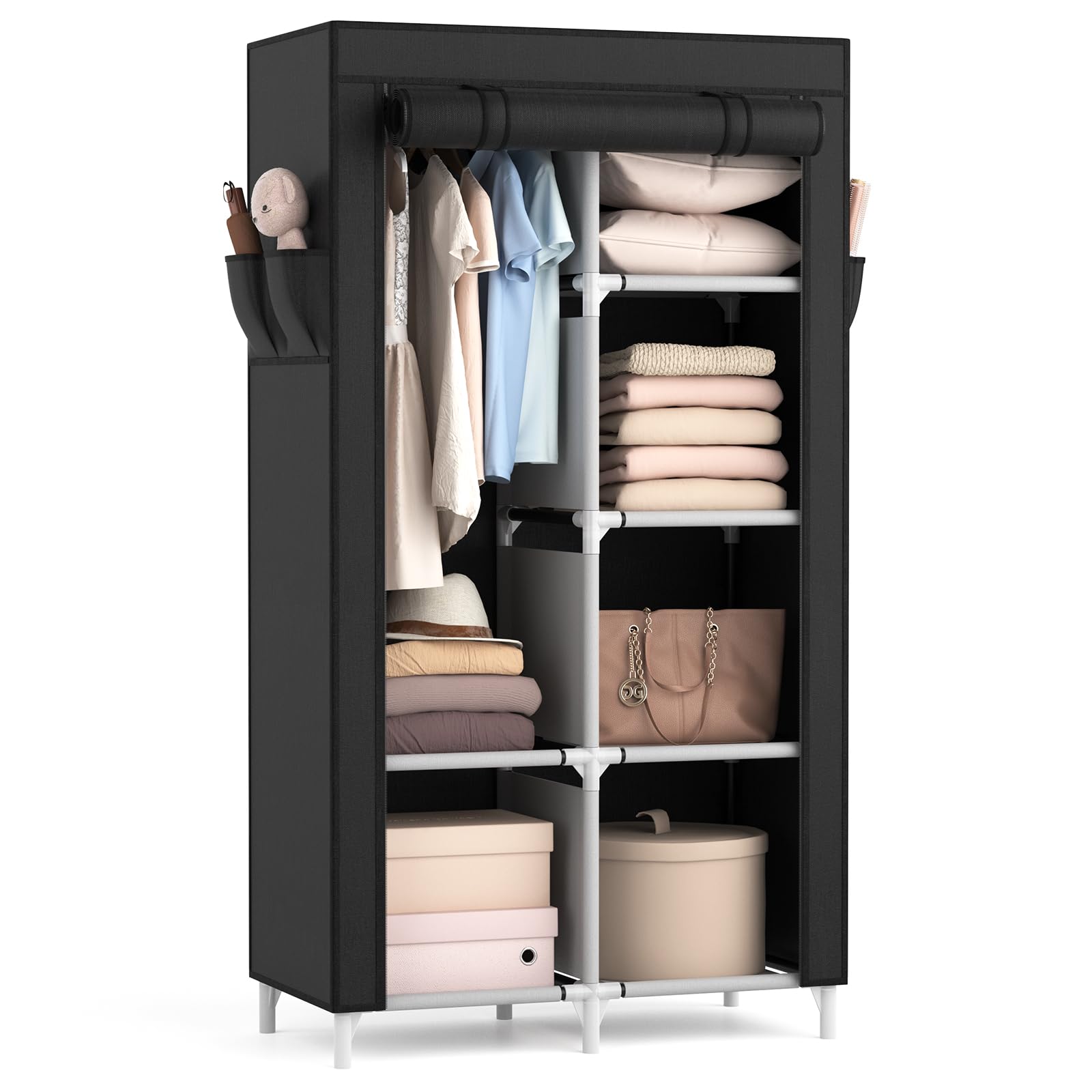 ROJASOP Portable Closet Wardrobe Closet for Hanging Clothes with 6 Storage Shelves, 1 Hanging Rod and 4 Pockets, Free Standing Closet Clothes Organizer for Bedroom, Sturdy and Easy Assemble