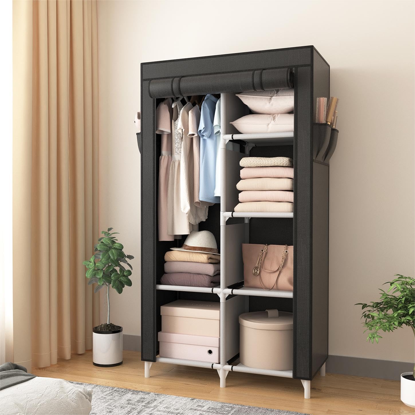 ROJASOP Portable Closet Wardrobe Closet for Hanging Clothes with 6 Storage Shelves, 1 Hanging Rod and 4 Pockets, Free Standing Closet Clothes Organizer for Bedroom, Sturdy and Easy Assemble