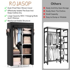 ROJASOP Portable Closet Wardrobe Closet for Hanging Clothes with 6 Storage Shelves, 1 Hanging Rod and 4 Pockets, Free Standing Closet Clothes Organizer for Bedroom, Sturdy and Easy Assemble