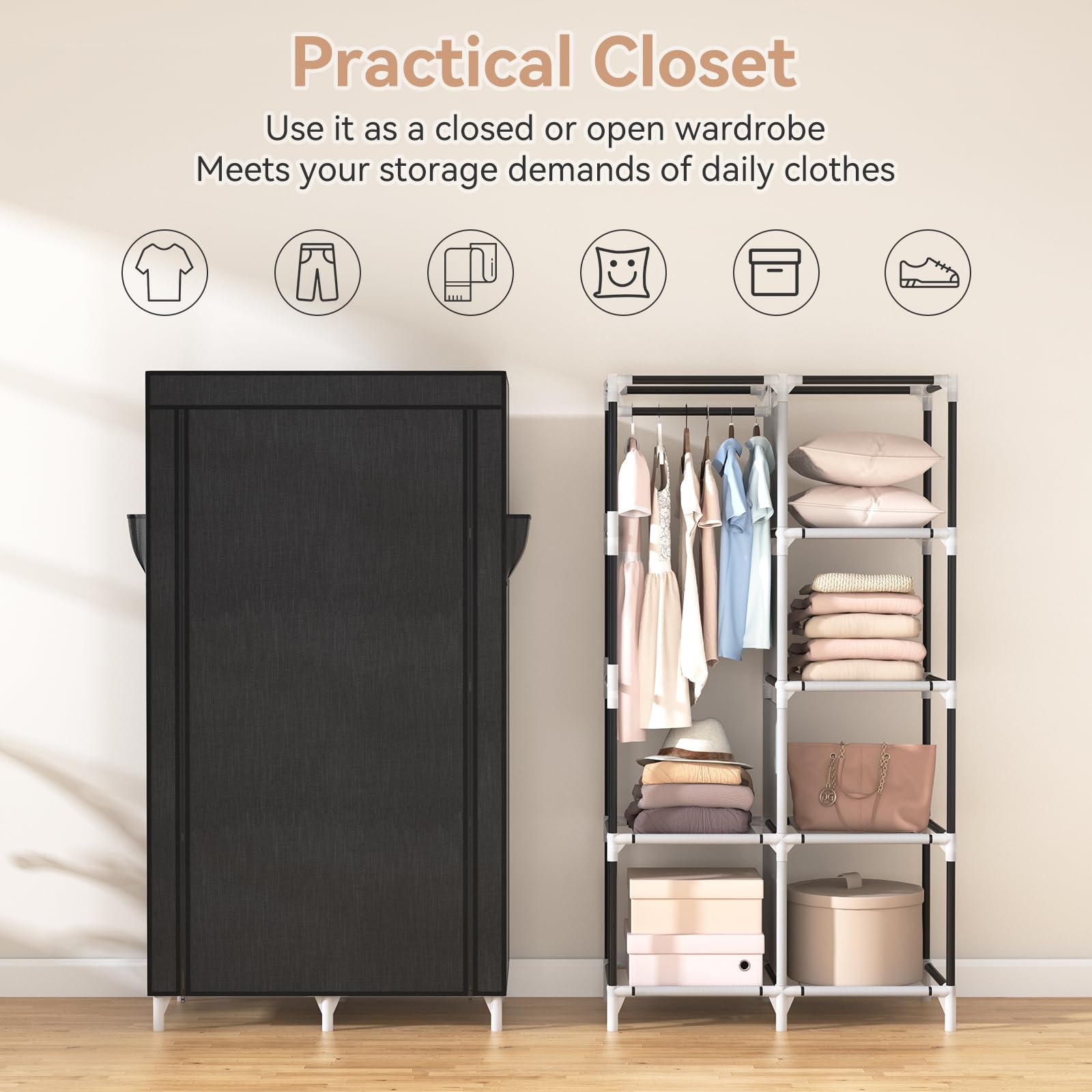 ROJASOP Portable Closet Wardrobe Closet for Hanging Clothes with 6 Storage Shelves, 1 Hanging Rod and 4 Pockets, Free Standing Closet Clothes Organizer for Bedroom, Sturdy and Easy Assemble