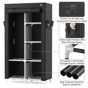 ROJASOP Portable Closet Wardrobe Closet for Hanging Clothes with 6 Storage Shelves, 1 Hanging Rod and 4 Pockets, Free Standing Closet Clothes Organizer for Bedroom, Sturdy and Easy Assemble