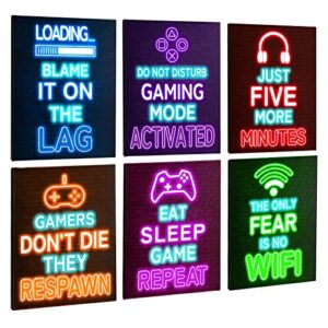 hzdyopk 6pcs gaming decor for boys room, bright color gaming icons printed canvas posters framed, 8''x10'' wall art decoration for teenage gamer bedroom playroom, black