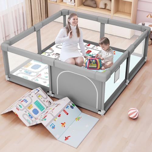 Baby Playpen Baby Playard, Playpen for Babies and Toddlers with Gate, 50x50 Baby Fence, Sturdy Safety Playpen, Indoor & Outdoor Kids Activity Center（with Mat）