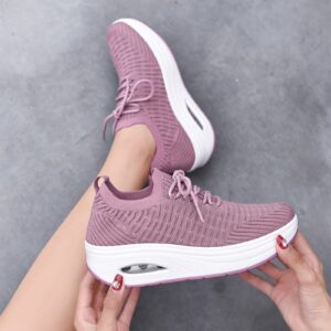 Crepuscute Women's Knitted Mesh Lace Up Orthopedic Sneakers,Slip Resistance Arch Support Tennis Sport Walking Shoes Lightweight Running Gym Air Sneakers for Plantar Fasciitis (Pink,7)