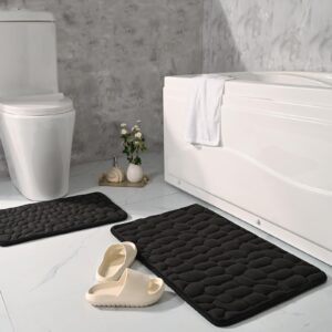 shanna bathroom rugs sets 2 piece, cobblestone memory foam bath mats set, non slip bath mats for bathroom, super water absorbent, bath rugs for tub, toilet and floor (20"x32"+16"x24" dark blue)