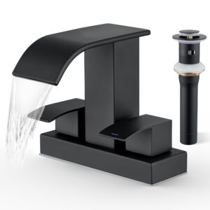 tioriy bathroom sink faucet with drain black - 2 handles centerset faucets for bathroom sink 2 or 3 hole, waterfall bathroom faucet with overflow metal pop-up drain, matte black