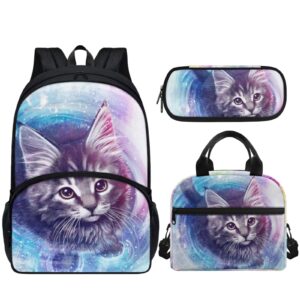 amzprint 3pcs girls galaxy cat backpack set backpack cat bookbag with lunch box kids school bag for elementary students