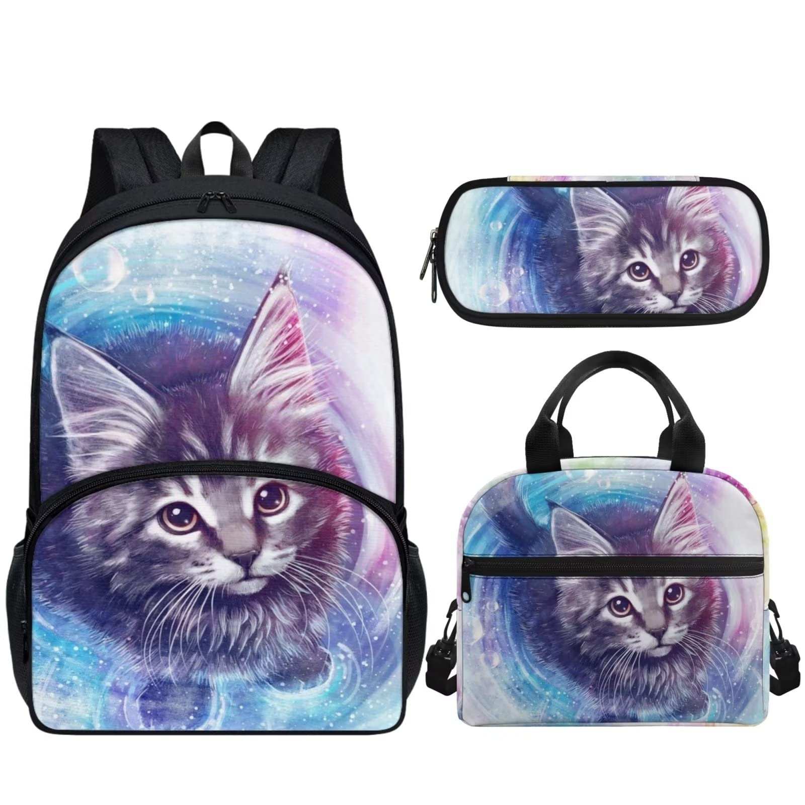 AmzPrint 3Pcs Girls Galaxy Cat Backpack Set Backpack Cat Bookbag With Lunch Box Kids School Bag For Elementary Students