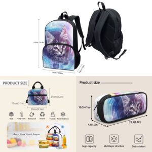 AmzPrint 3Pcs Girls Galaxy Cat Backpack Set Backpack Cat Bookbag With Lunch Box Kids School Bag For Elementary Students