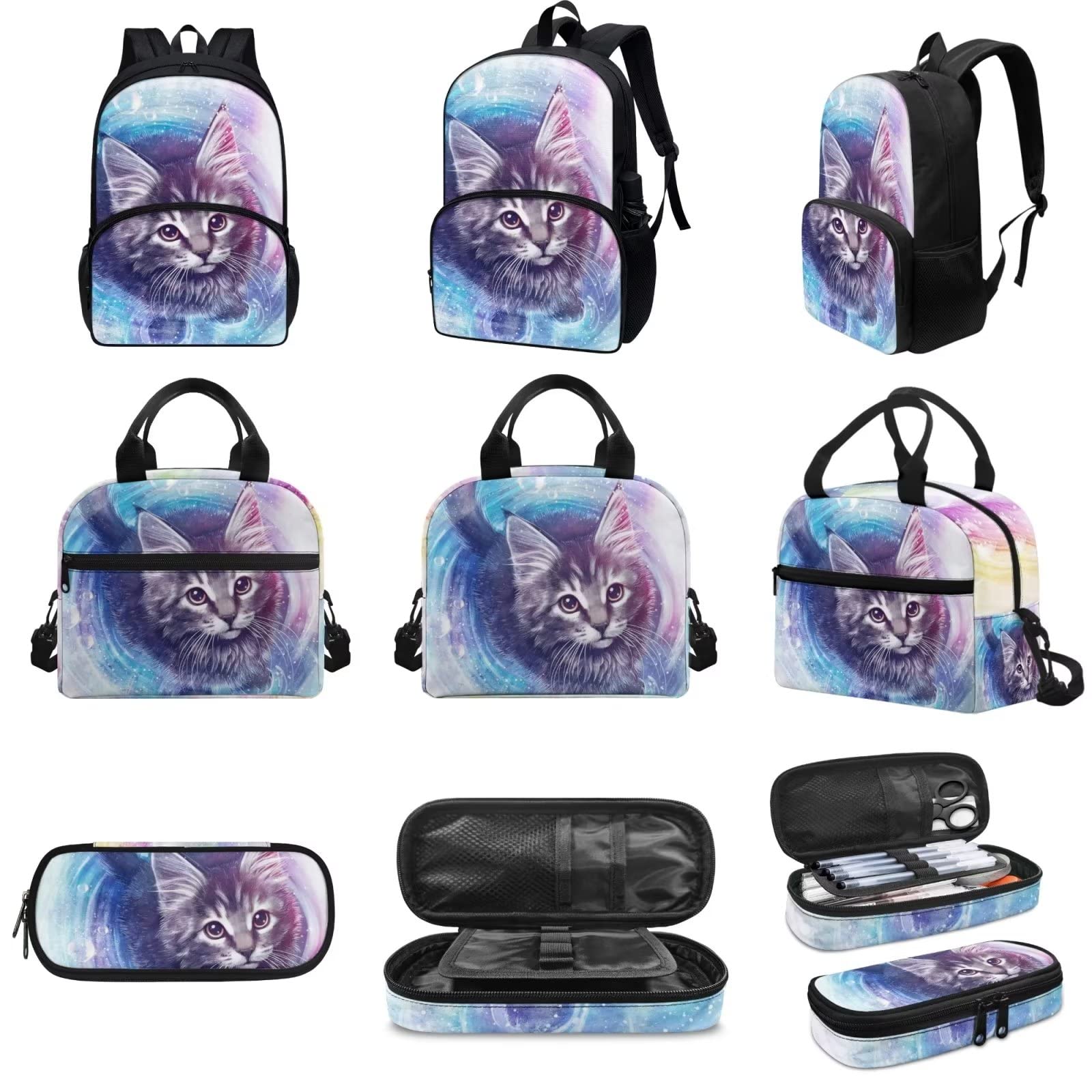 AmzPrint 3Pcs Girls Galaxy Cat Backpack Set Backpack Cat Bookbag With Lunch Box Kids School Bag For Elementary Students