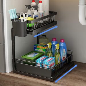 cicufy metal under sink organizer,2-tier double sliding under sink storage for kitchen & bathroom cabinet-black