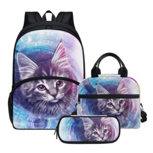 AmzPrint 3Pcs Girls Galaxy Cat Backpack Set Backpack Cat Bookbag With Lunch Box Kids School Bag For Elementary Students