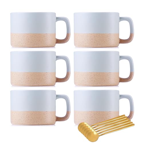 RB&RAMiCS 6 Pack Ceramic Coffee Mug Sets with small spoon, 10 Ounce Coffee Mugs, Restaurant Coffee Cups for Coffee, Tea, Cappuccino, Cocoa, Cereal (6)