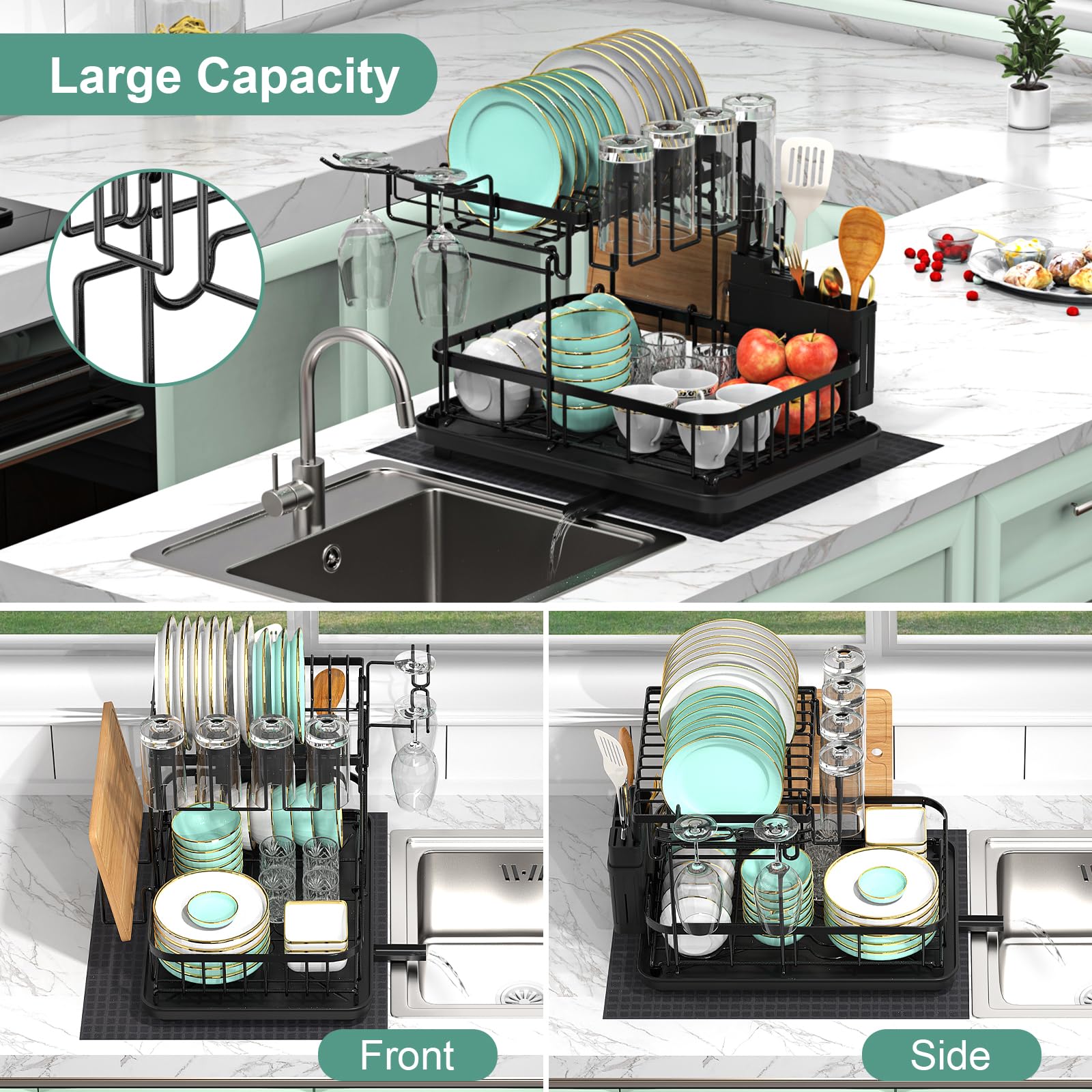 SouAny 2 Tier Dish Drying Rack with Drainboard, Large Dish Organizer and Strainer Set for Kitchen Counter with Mat, Wine Glass Holder and Utensil Holder