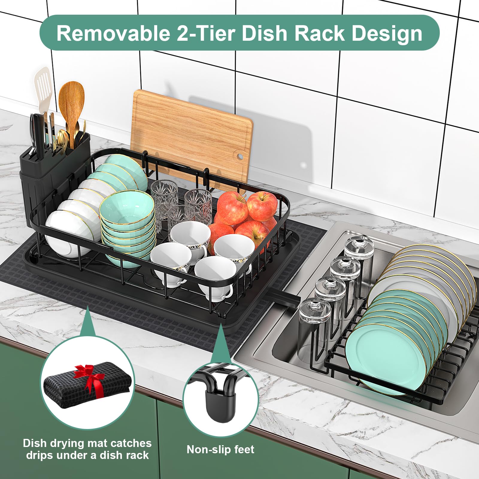 SouAny 2 Tier Dish Drying Rack with Drainboard, Large Dish Organizer and Strainer Set for Kitchen Counter with Mat, Wine Glass Holder and Utensil Holder